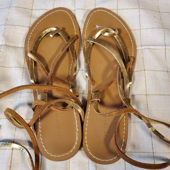 Zara Women's Gold Leather Flat Strap Gladiator Sandals Size 40 Bohemian - Picture 1 of 5